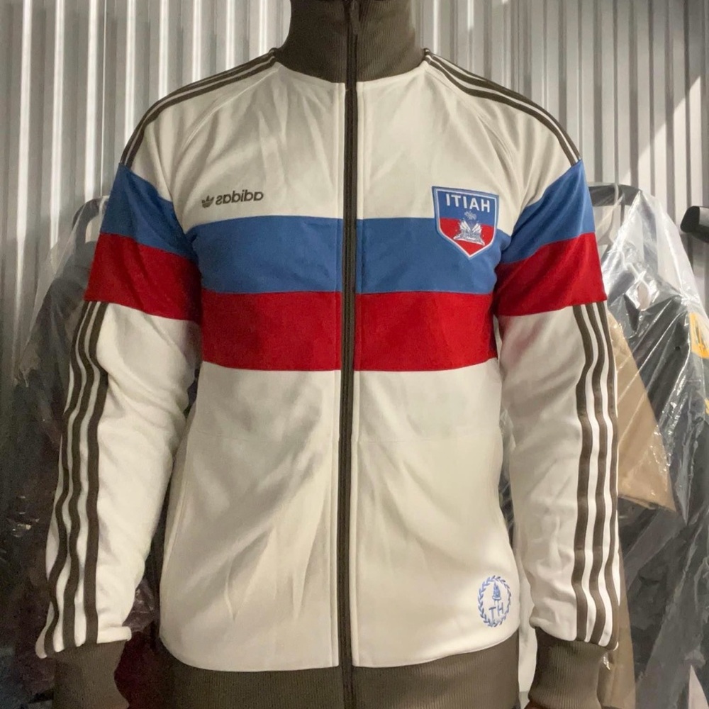 adidas White Jacket with Blue and Red Stripes